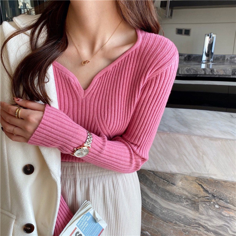 Áo sweater Dệt Kim Tay Dài Cổ Chữ V Dáng Ôm Phong Cách Thời Trang Mới Dành Cho Nữ