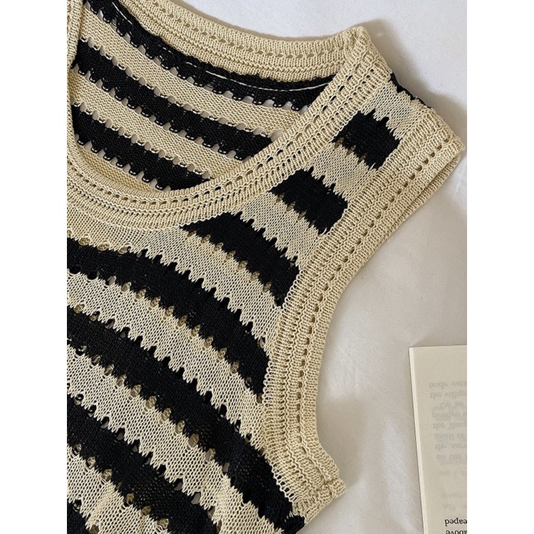 NUZIRO  Áo croptop  dệt kim không tay họa tiết kẻ sọc thời trang dành cho nữ