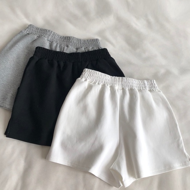 Quần short SUXI thể thao lưng cao ống rộng màu trơn in chữ đơn giản thời trang mùa hè cho nữ