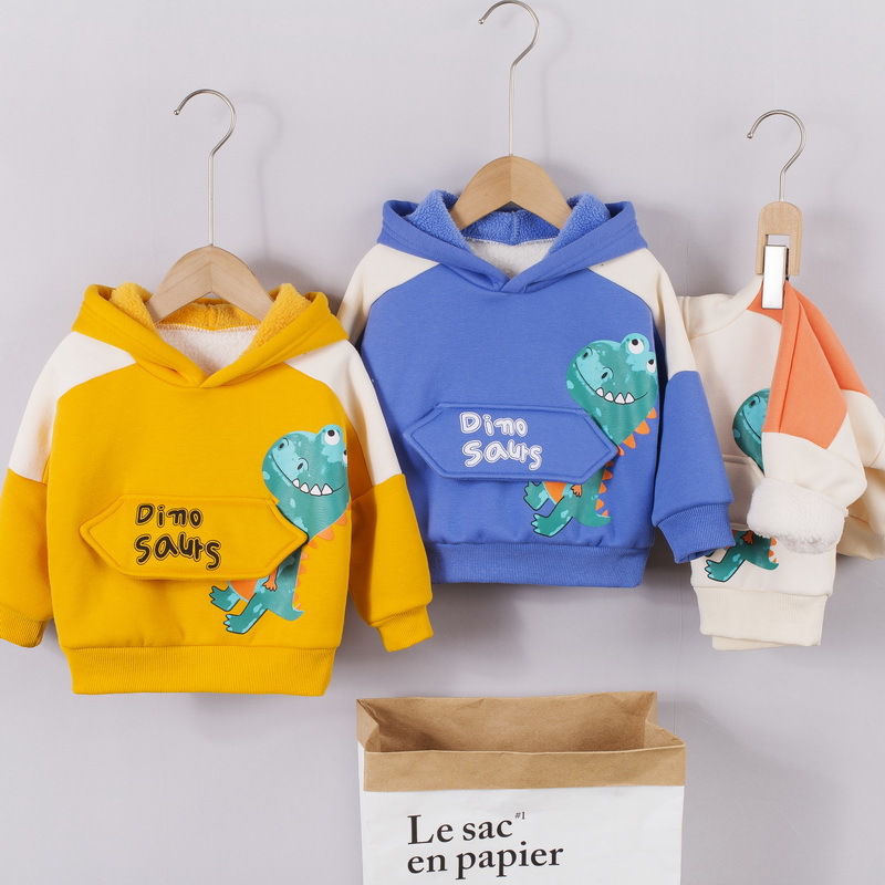 Áo Hoodie Chui Đầu Phối Nhung In Hoạt Hình Khủng Long Dễ Thương Cho Bé