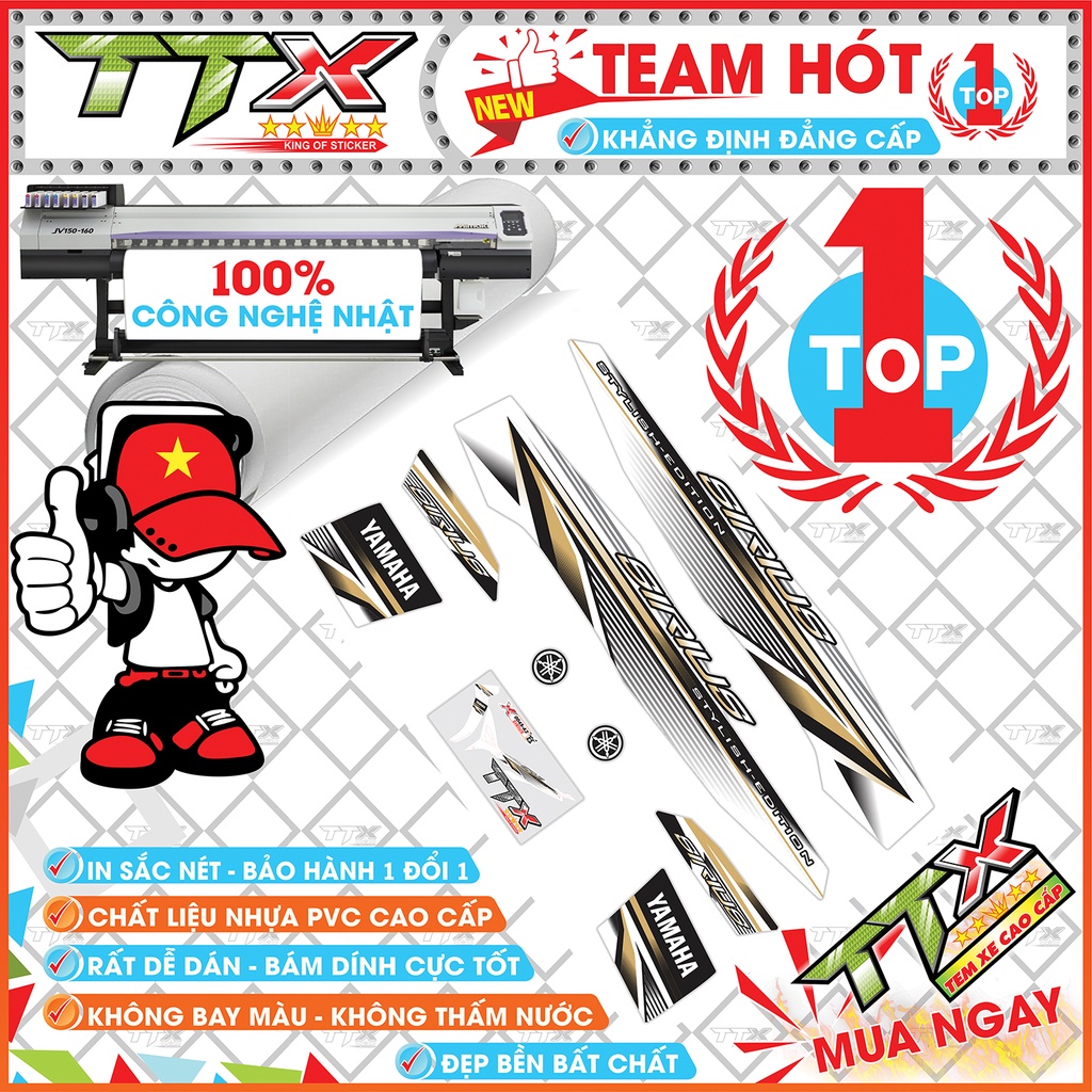Tem rời sirius chỉ màu đồng , Team chế sirius dán xe trắng vệt đen tuyệt đẹp , Shop TTX Tem xe sirius mã