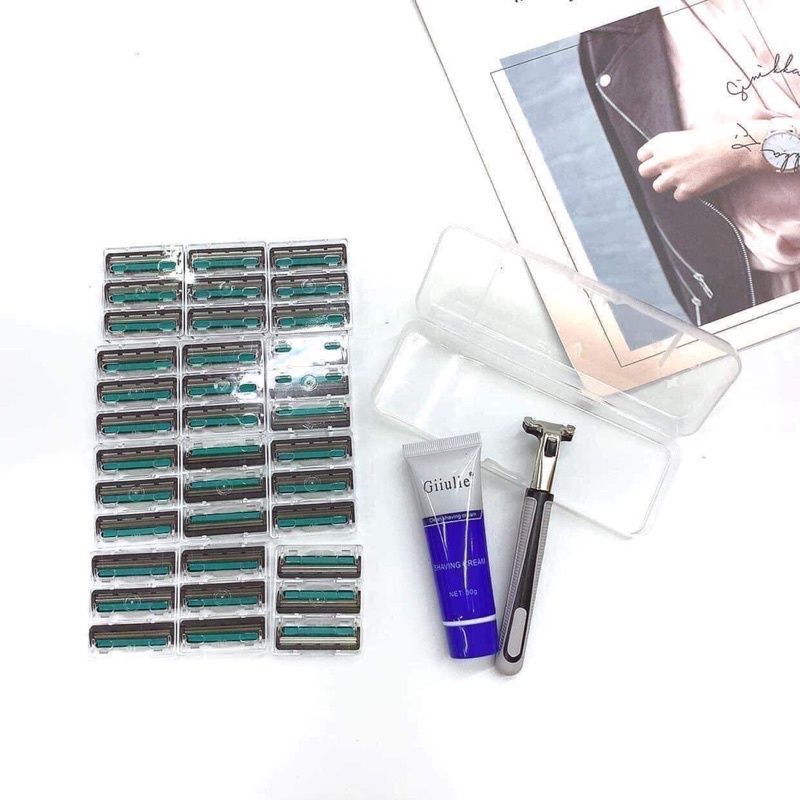 Combo 36 lưỡi dao cạo râu kép và 1 dao cạo râu - Tặng kèm tuyp kem tạo bọt