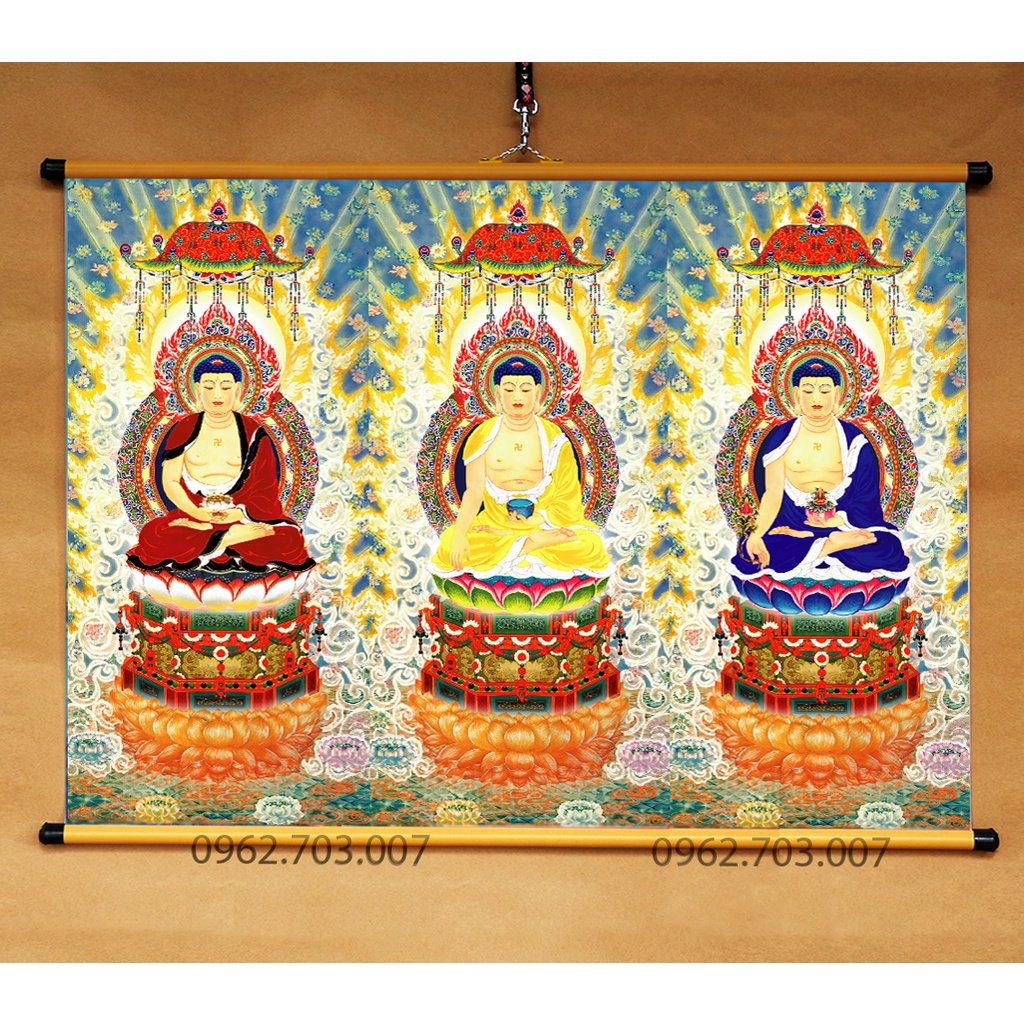 Tranh Tam Thế Phật treo tường khổ lớn 70x50cm bằng vải phủ bóng cao cấp dày dặn