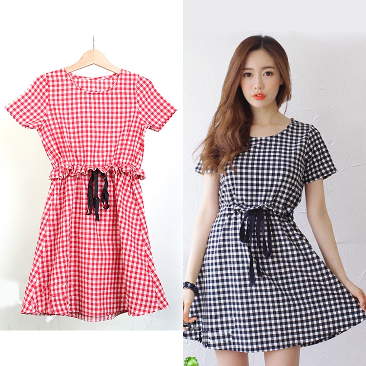 Đầm Caro Thắt Dây Eo Thời Trang