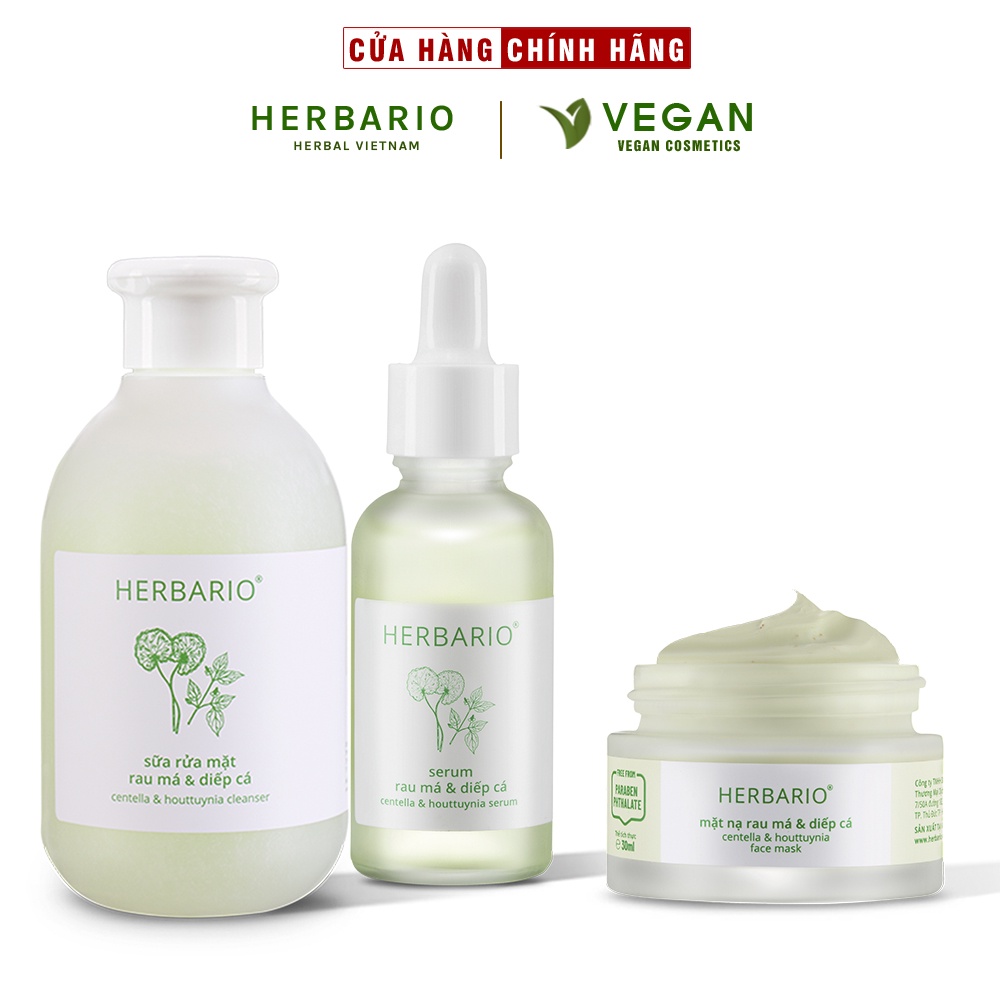 Bộ 3 chăm sóc da mụn cơ bản rau má & Diếp cá Herbario: Sữa rửa măt 200ml + Mặt nạ 30ml + Tinh chất 30ml