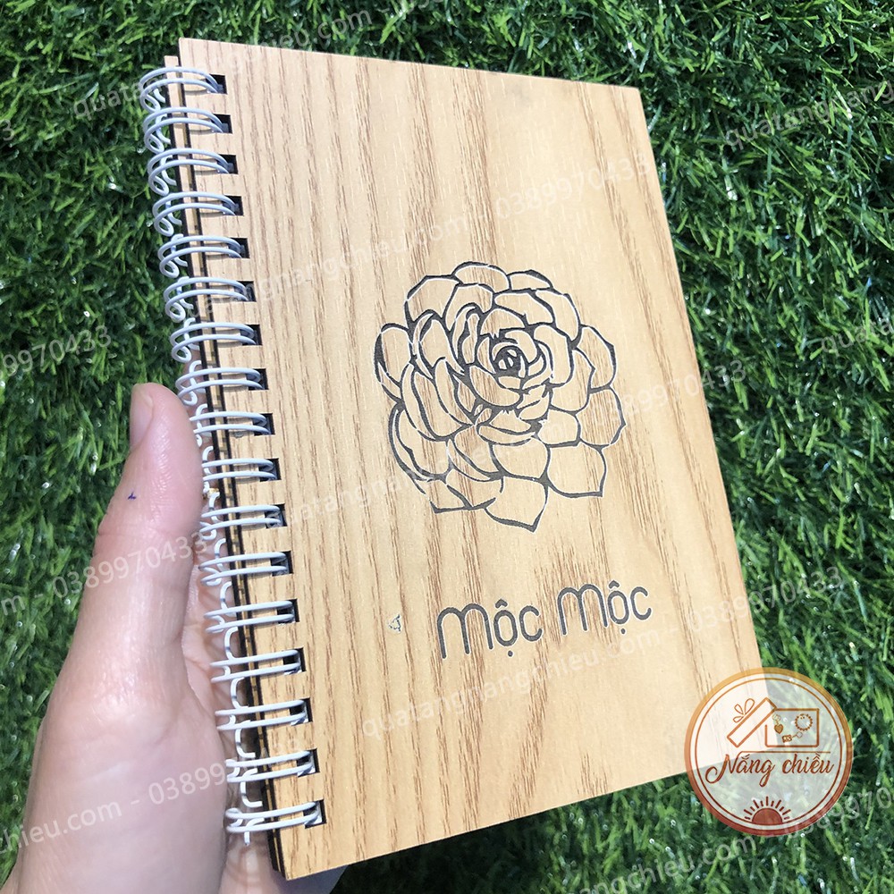 SỔ TAY BÌA GỖ HANDMADE - Sổ tay khắc hình sen đá làm quà tặng - Và khắc các hình ảnh khác theo yêu cầu