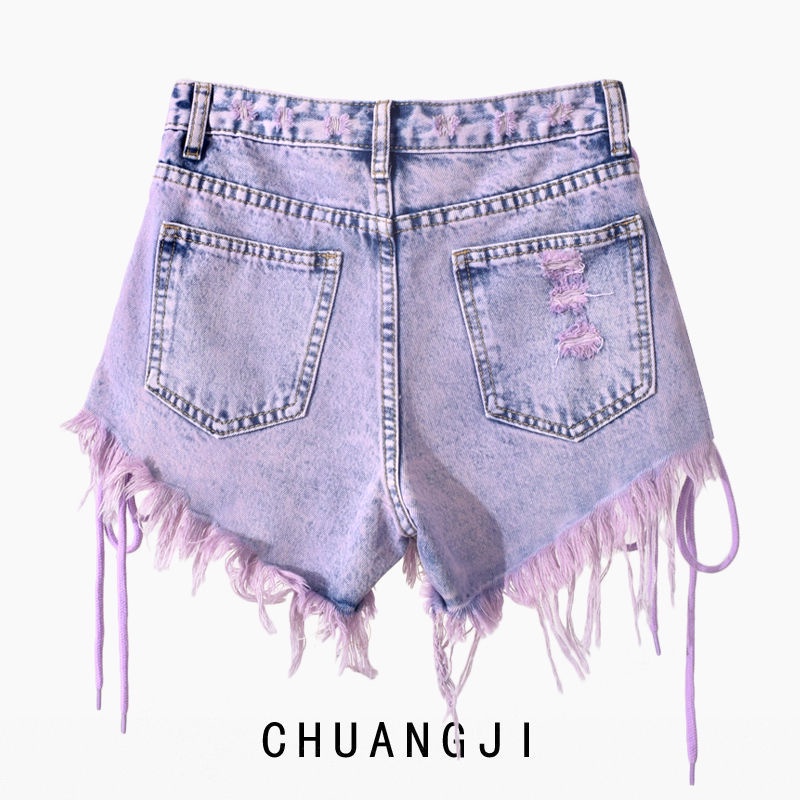 Quần Short Denim Lưng Cao Phối Dây Tua Rua Màu Tím Cho Nữ 4988