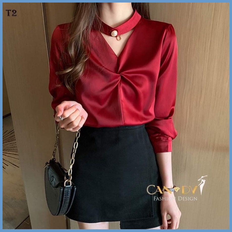 Áo Sơ Mi Nữ Công Sở Dài Tay Form Suông Vừa Phong Cách Hàn Quốc Thiết Kế Cổ Cách Điệu T2 - Candy Fashion