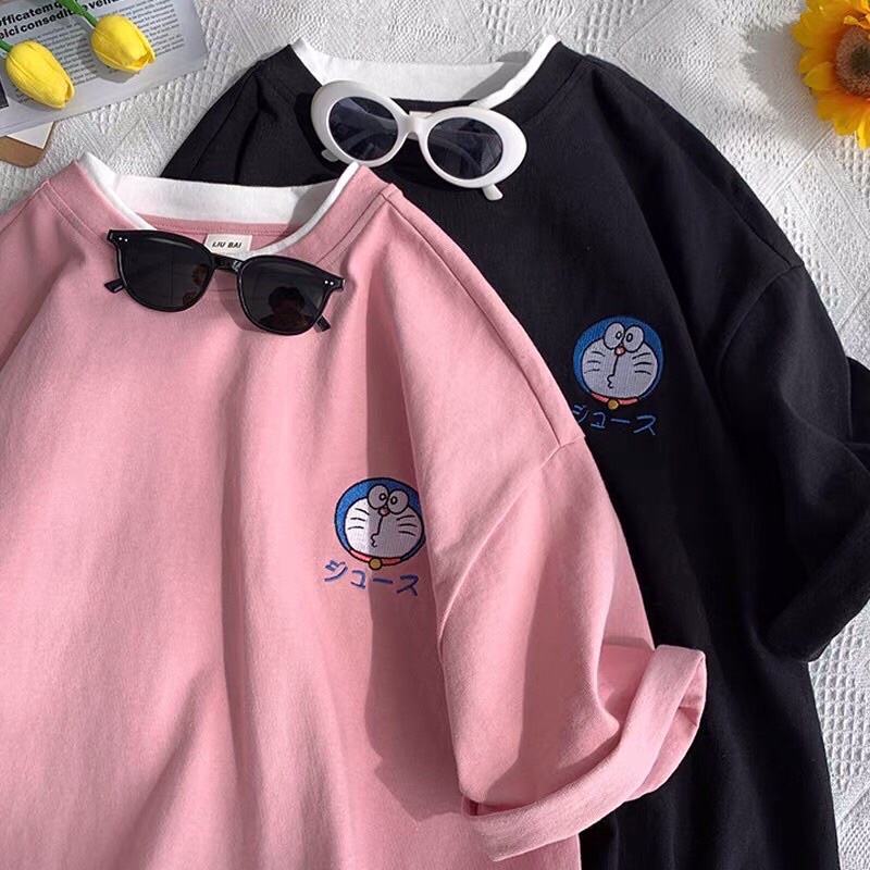 Áo thun tay lỡ unisex  - Phông nam nữ 4 màu cotton dáng xuông streetwear - mặc nhóm lớp in hình Doraemon