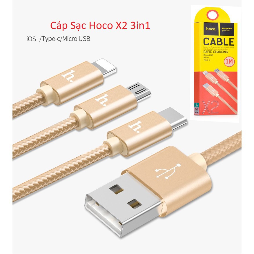 CÁP SẠC 3 ĐẦU HOCO X2 - MICRO USB - LIGHTNING - USB TYPE C dùng cho Iphone, Samsung, Type C