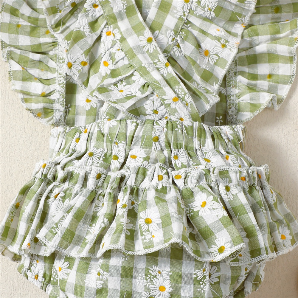 Áo liền quần MIKRDOO tay cánh tiên in họa tiết caro kèm băng đô cài tóc xinh xắn cho bé gái 0-18 tháng tuổi