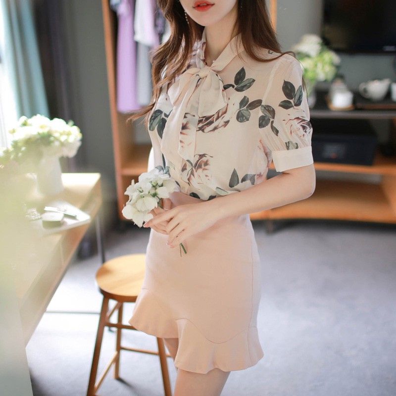 Áo Sơ Mi Nữ Hình Bông Thắt Nơ Hàn Quốc Chất Vải Chiffon lụa Áo phối được nhiều kiểu