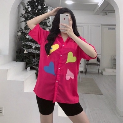 Áo sơ mi nữ phối kiểu in tim tay ngắn