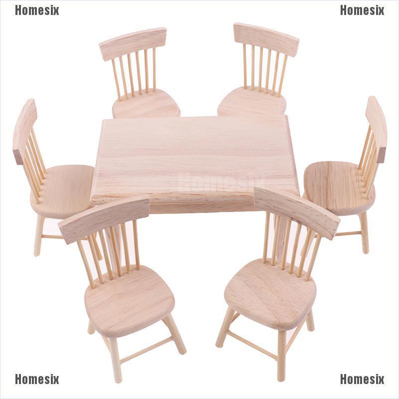 [HoMSI] 1:12 Dollhouse Miniature Furniture Wooden Dining Table with 6 Chair Model Set SUU