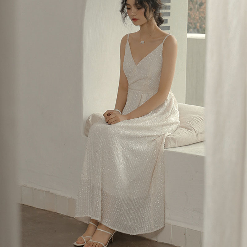 IELGY  Đầm Dài Hai Dây Màu Trắng Phong Cách Pháp Cổ Điển Thời Trang Cho Nữ