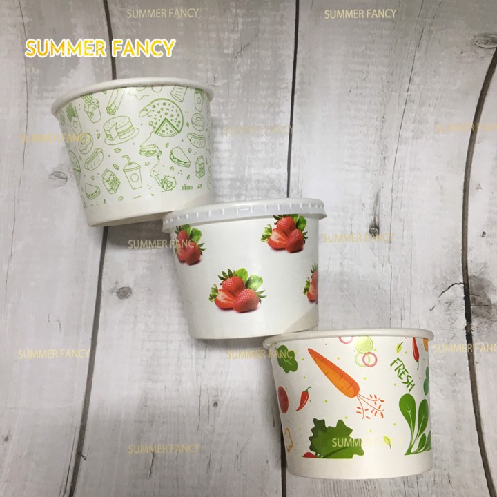 100 Bát giấy 350ml ~ 12oz in hình có nắp, hộp giấy, cốc ly đựng chè bún mì cháo - paper bowl with lid 360ml