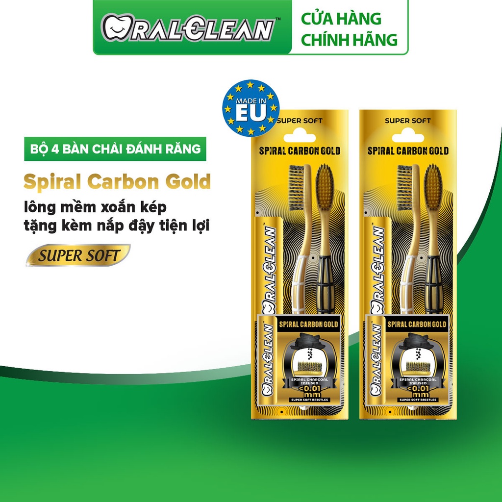 Bộ 4 bàn chải OralClean Spiral Carbon Gold tặng kèm nắp đậy tiện lợi
