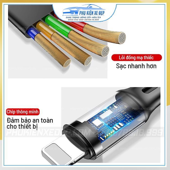 Cáp sạc đa năng 3 đầu ⚡FREESHIP⚡ Baseus 3 in1 CAMLT-ZY | Cáp chuyên dụng dành cho xe hơi siêu nhỏ gọn - Bảo Hành 01 Năm