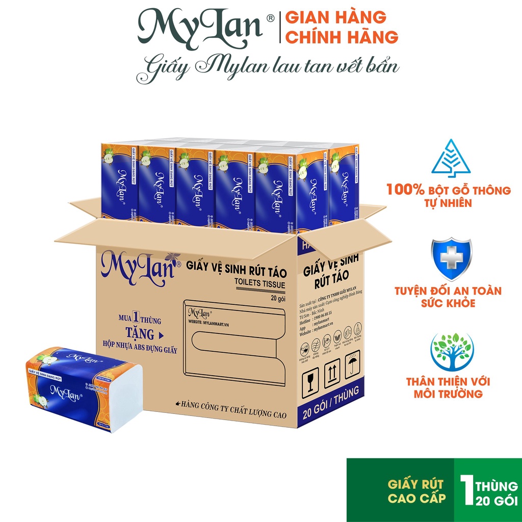 Giấy vệ sinh cao cấp Mylan, rút Táo xanh, 3 lớp 20 gói/thùng