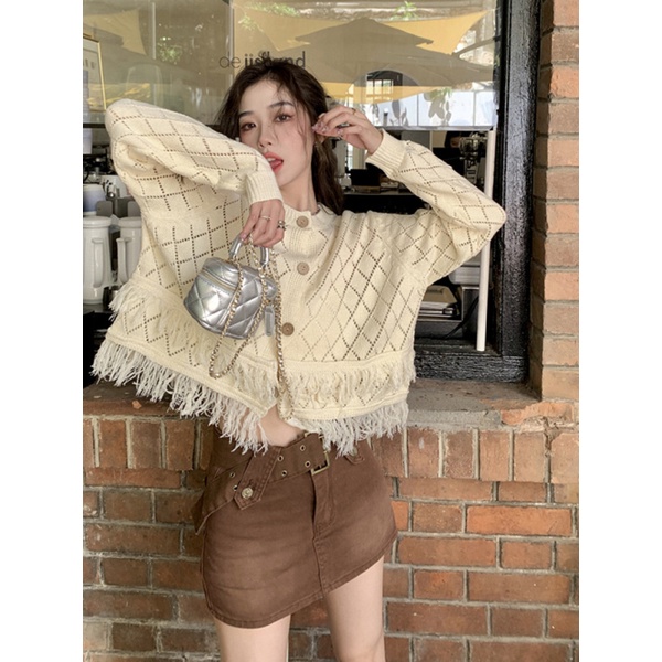 Áo Khoác Cardigan Dệt Kim Dáng Ngắn Phối Tua Rua Thời Trang Mùa Thu Dành Cho Nữ