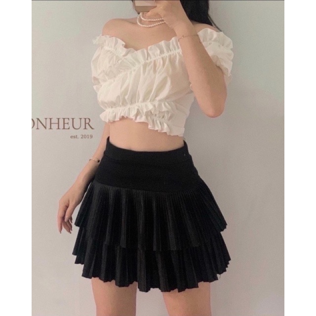 Áo croptop Bèo cổ v đắp chéo buộc nơ Áo Kiểu Tay Phồng Cột Eo mặc đi chơi siêu đẹp