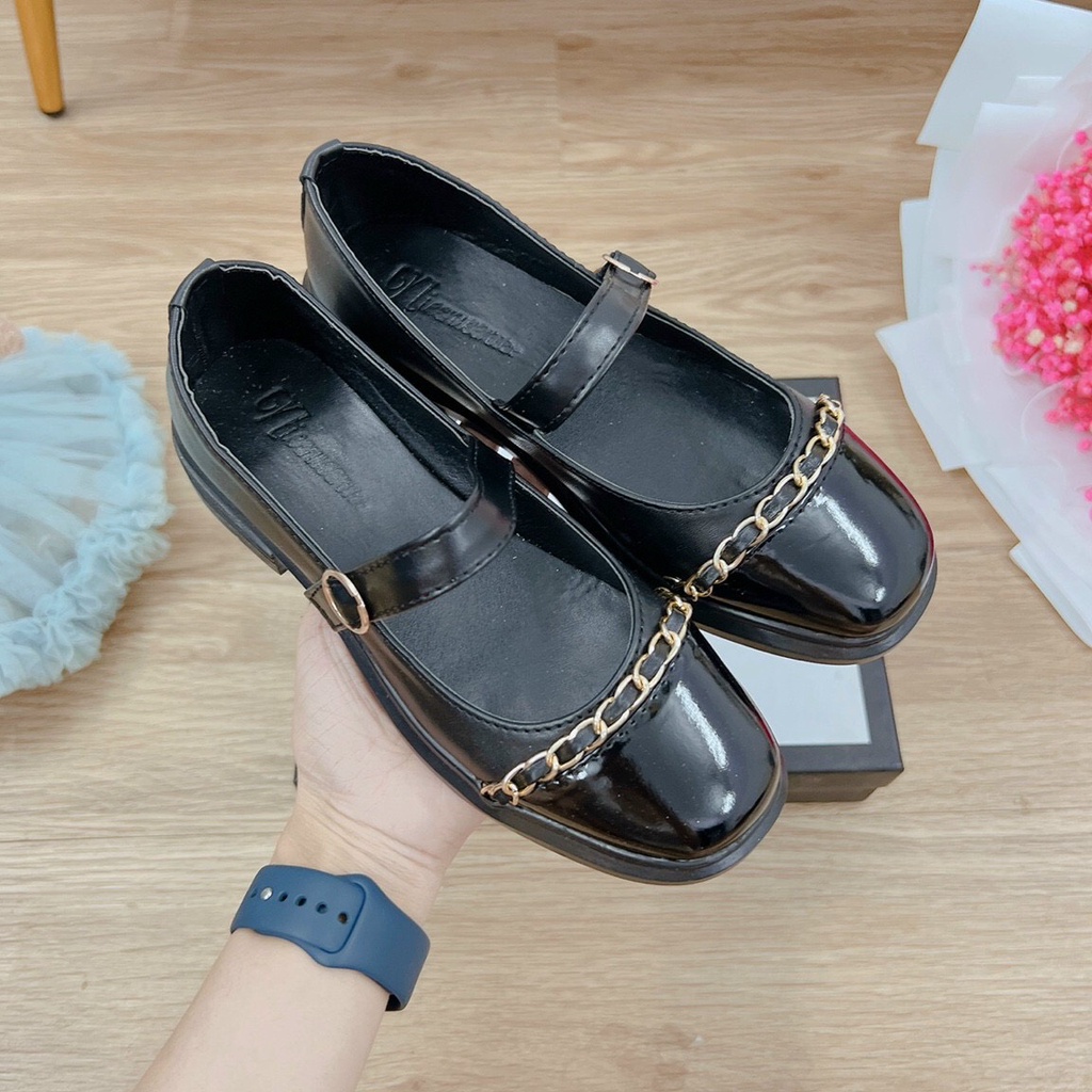 Giày búp bê nữ chất da bóng phối xích xinh xắn mã K01