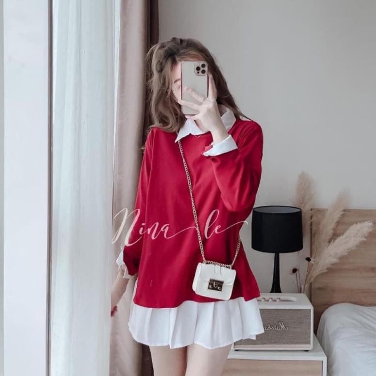 Set áo chân váy VAYO combo áo sơ mi trắng gile len đỏ và chân váy xếp ly thời trang nữ đẹp | BigBuy360 - bigbuy360.vn