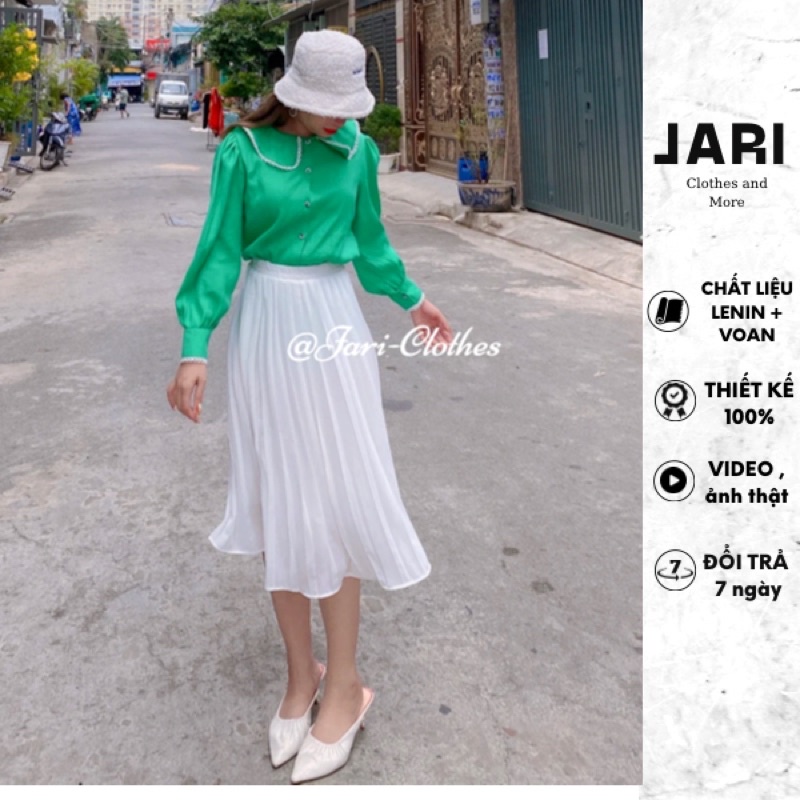🌸 ĐẦM XẾP LY + ÁO SƠ MI CỔ BÈO THƯ Sét áo sơ mi + chân váy xếp ly dự tiệc đẹp
