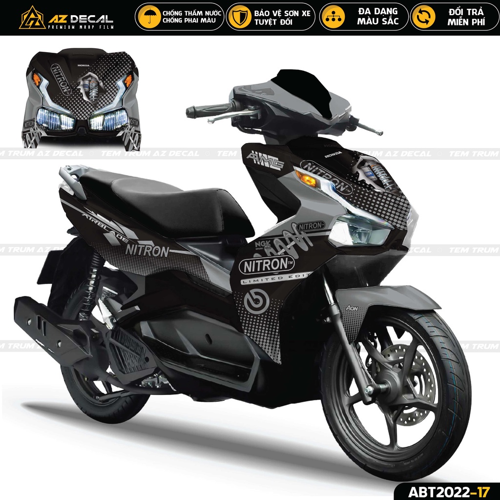 Tem Trùm Xe Airblade Mẫu Nitron | ABT2022-17 | Decal Dán Xe AB 2020 - 2022 Đẹp Màu Đen Đỏ Vàng Xanh Xám
