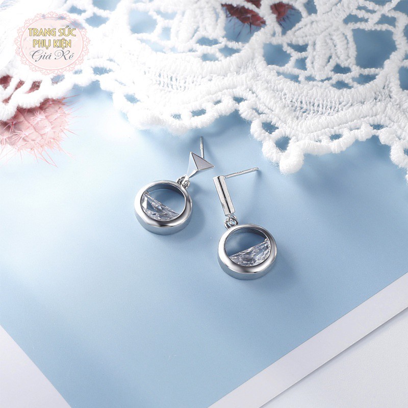 Bông tai thời trang cách điệu, vòng tròn đá HT161 bạc ý S925
