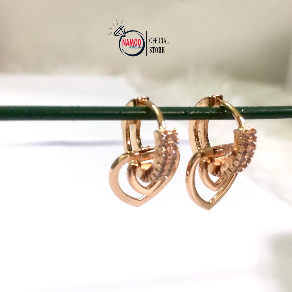 Khuyên Tai Mạ Vàng Tây T704, Hoa Tai Trái Tim Đôi Sát Tai Bền Màu Namoo Jewelry