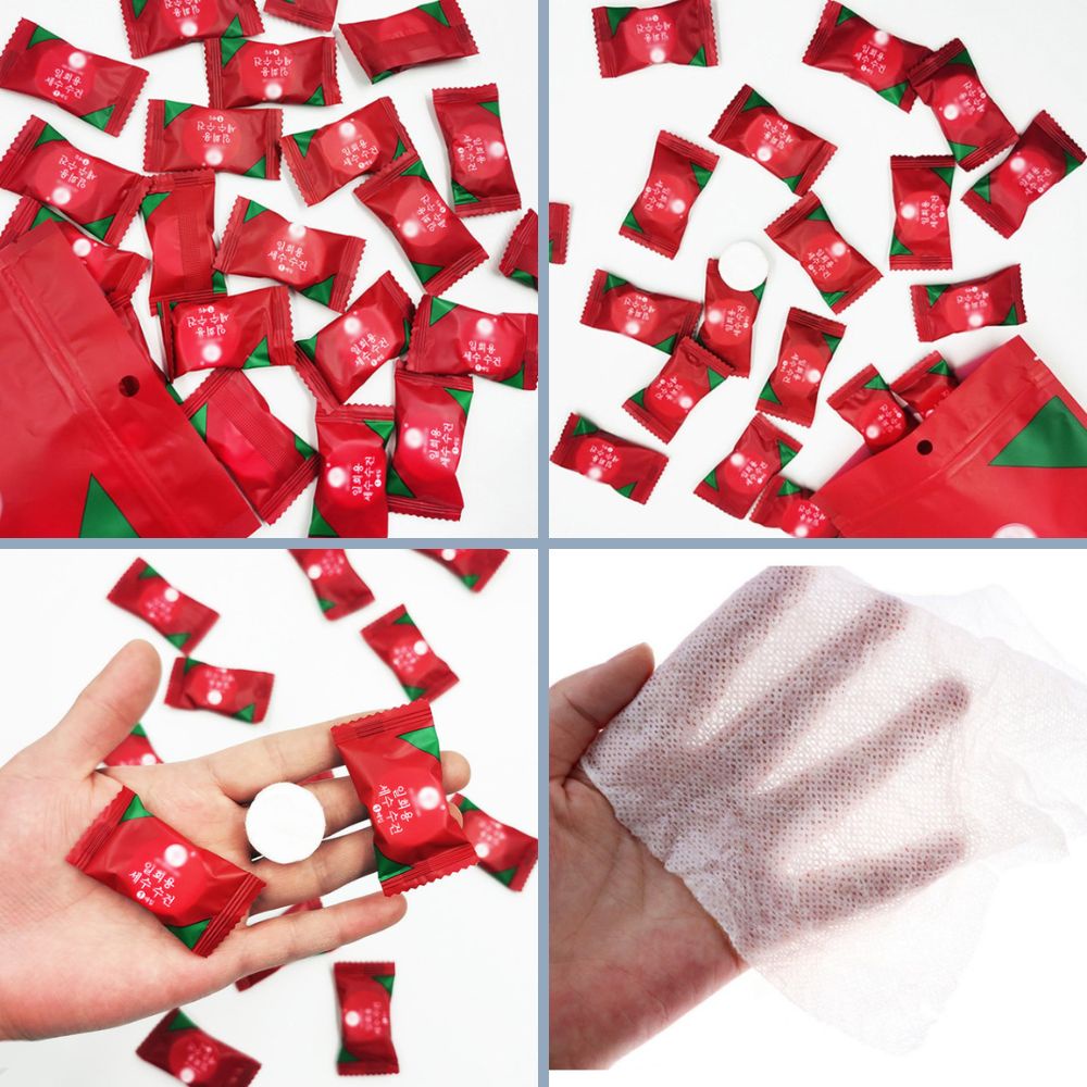 Túi 20 Khăn Giấy Nén Vỏ Đỏ Dạng Viên Kẹo Nhỏ Gọn Tiện Dụng