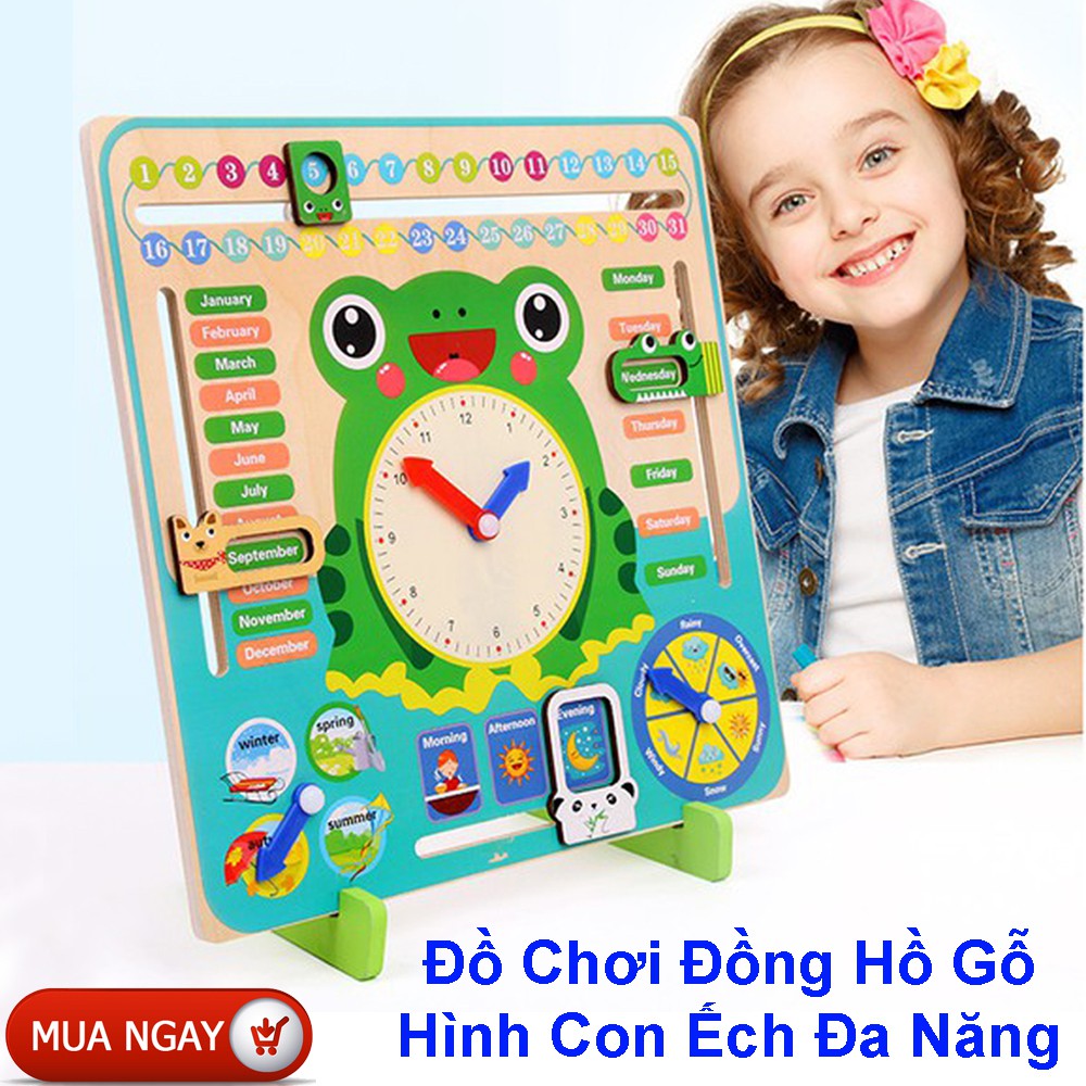 Bảng Lịch Đồng Hồ Đồ Chơi Gằng Gỗ Hình Ếch Cho Bé - Có Đế Kê Để Bàn