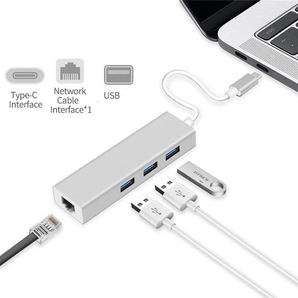 GLENES USB 3.1 Network Adapter RJ45 Computer Accessories Ethernet Adapter 3 Ports USB 3.1 Gigabit Wired Type C HUB for MacBook Laptop USB C HUB Network card/Multicolor