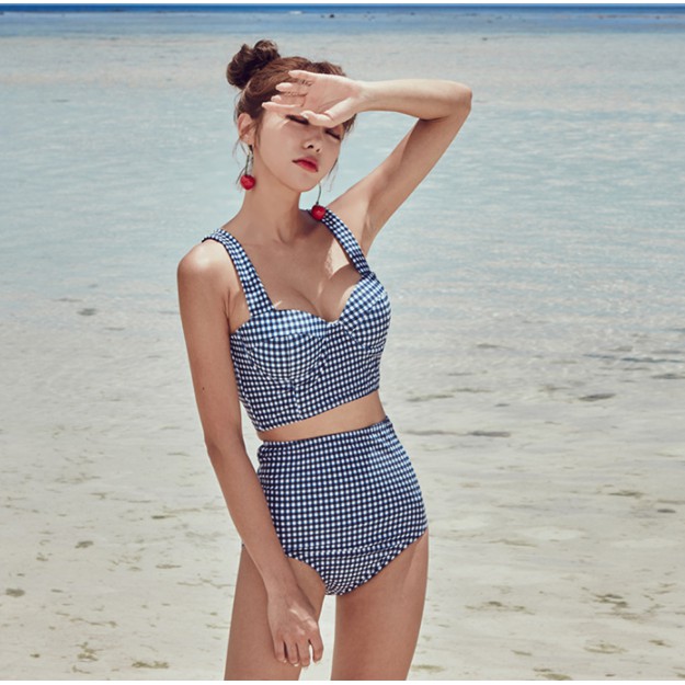 CÓ SẴN Bộ đồ bơi nữ bikini kẻ caro xanh eo cao kín đáo | BigBuy360 - bigbuy360.vn