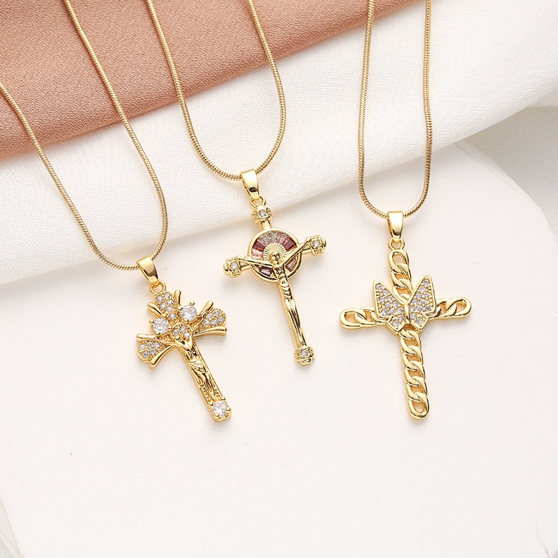 XiaoboACC Vòng Cổ Bằng Thép Không Gỉ Mạ Vàng Mặt Thánh Giá/ Xương Rắn Đính Đá Zircon Chống Dị Ứng Thời Trang Cho Nữ - 50cm