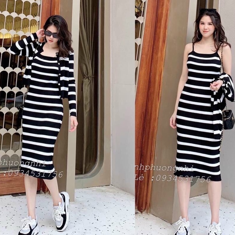 SÉT BỘ: VÁY BODY HAI DÂY DÁNG DÀI KÈM  ÁO KHOÁC CARDIGAN DÀI TAY, DÁNG  CROPTOP CÙNG TÔNG MẦU, CHẤT LEN DẦY DẶN