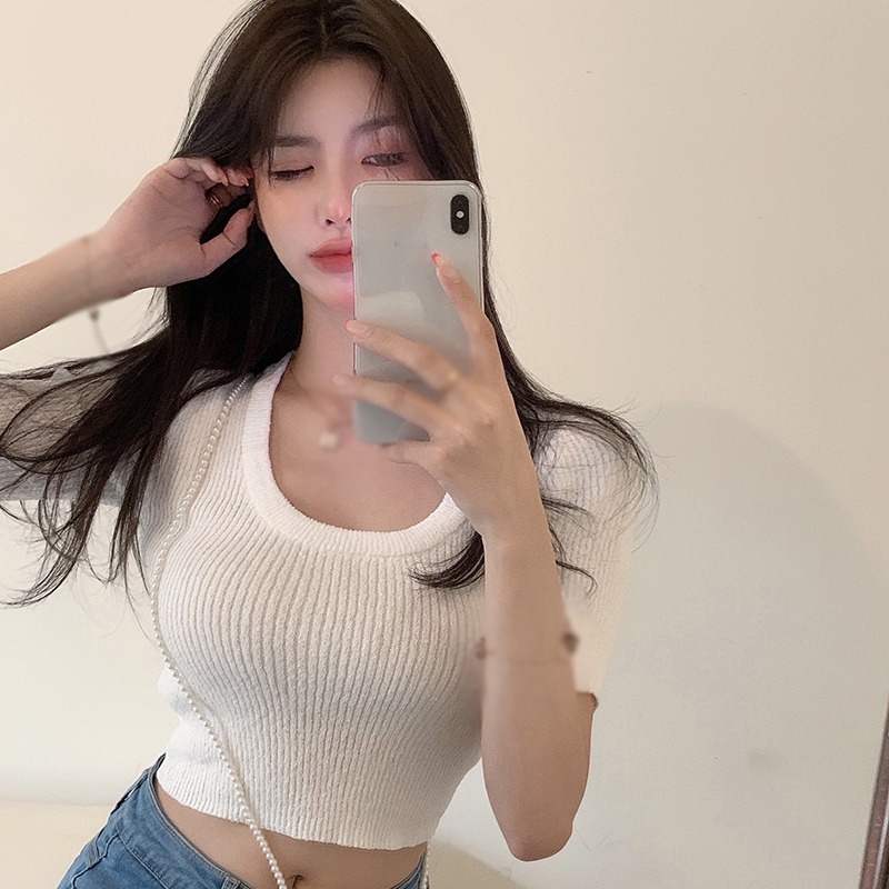 Áo Thun Dệt Kim Tay Ngắn Cổ Tròn Màu Sắc Trơn Phong Cách Hàn Quốc Dành Cho Nữ