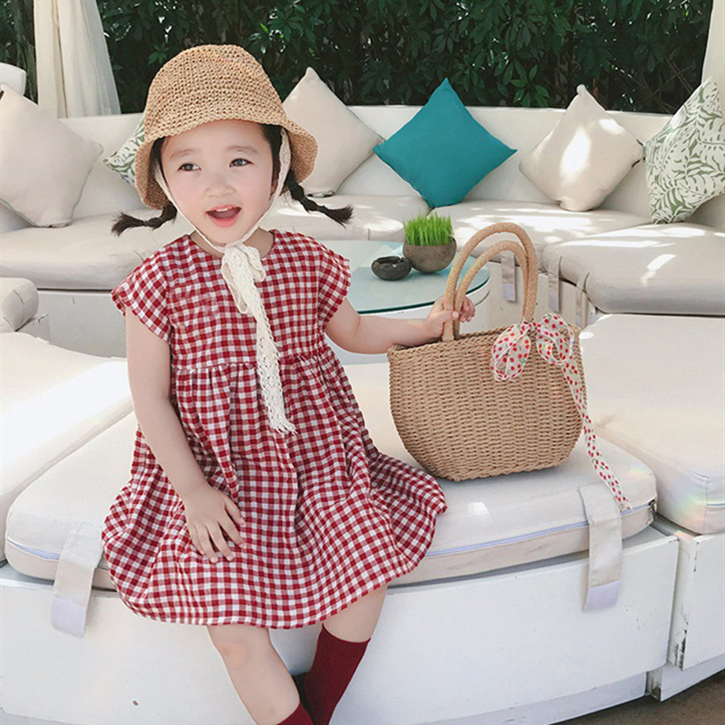 Đầm công chúa tay ngắn thêu họa tiết sọc caro phong cách Hàn Quốc dành cho trẻ em