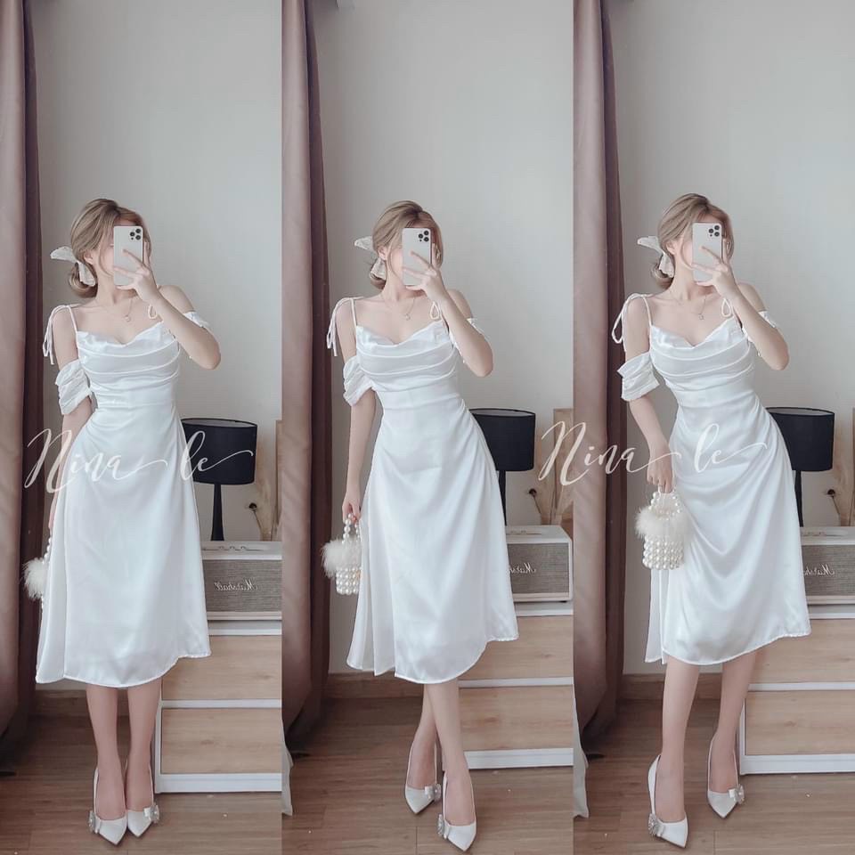Váy đầm nữ dự tiệc dáng xòe tiểu thư kiểu tay rớt cổ đổ cột nơ vai