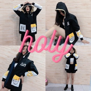 🌺 Áo Khoác Kaki Đen In Hình Nổi Siêu Dễ Thương Form Rộng Thoải Mái Cực Cool Ngầu Có Mũ Che  Free Size 🌺🌺🌺