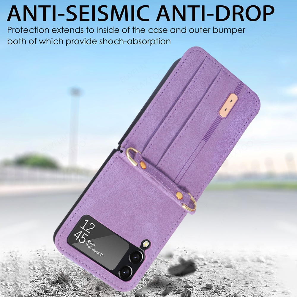 Shockproof Card Slot Leather Case for Samsung Galaxy Z Flip 4 5G Anti-Scratch Protective Phone Cover with Lanyard