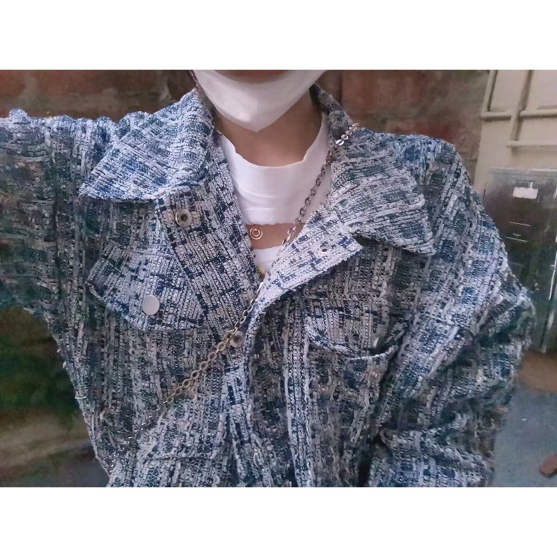 Áo Khoác Dạ Xanh Lam phong cách retro