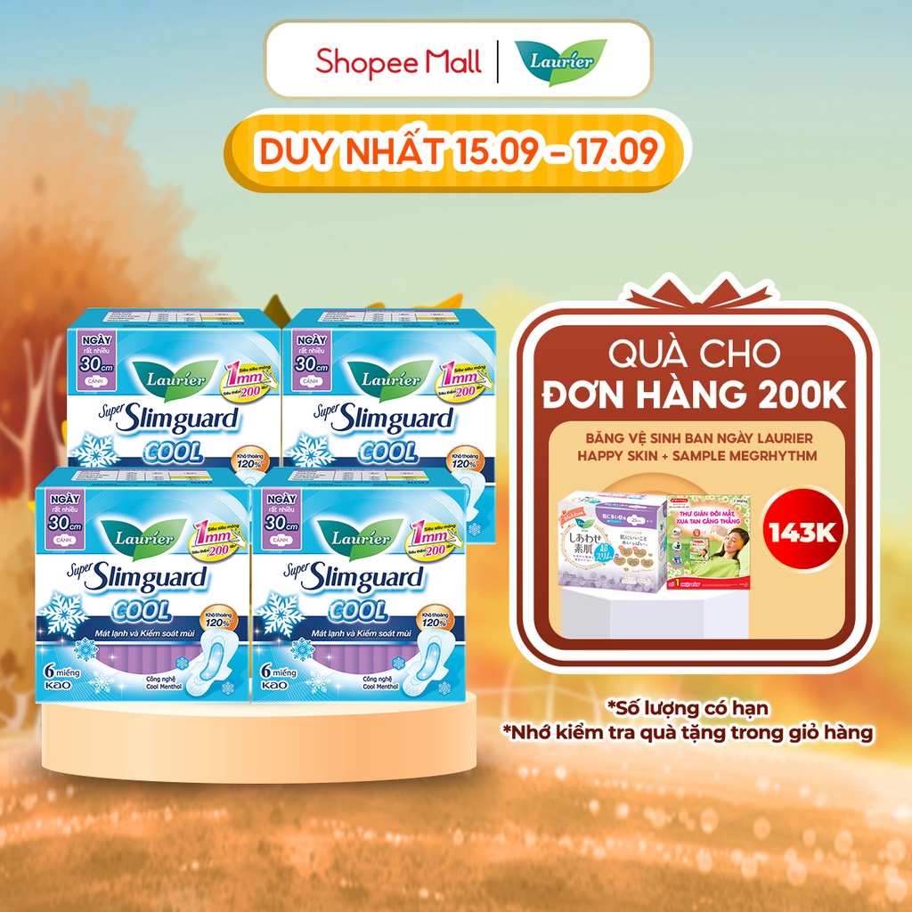 Combo 4 gói BVS Laurier Siêu Mỏng 1mm Mát lạnh 30cm 6 miếng