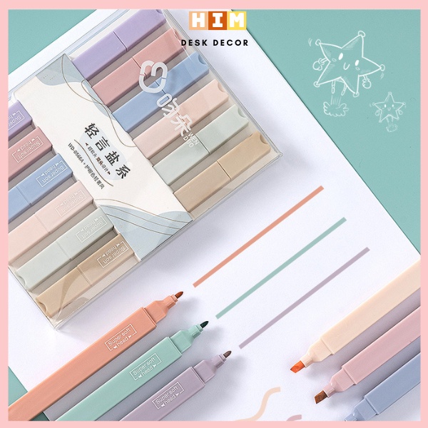 Bút highlight pastel 2 đánh dấu 2 đầu bút nhớ thân vuông nhiều màu Morandi