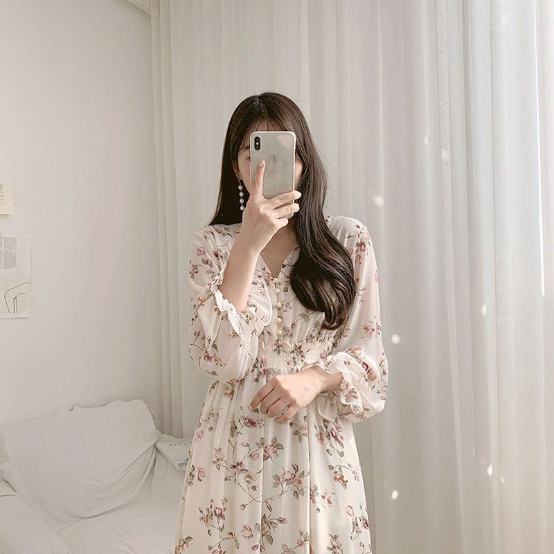 Váy hoa nhí 💖ẢNH THẬT💖 Đầm hoa nhí vintage- Váy hoa ulzzang dáng dài cổ tim 2 lớp(cúc hạt)