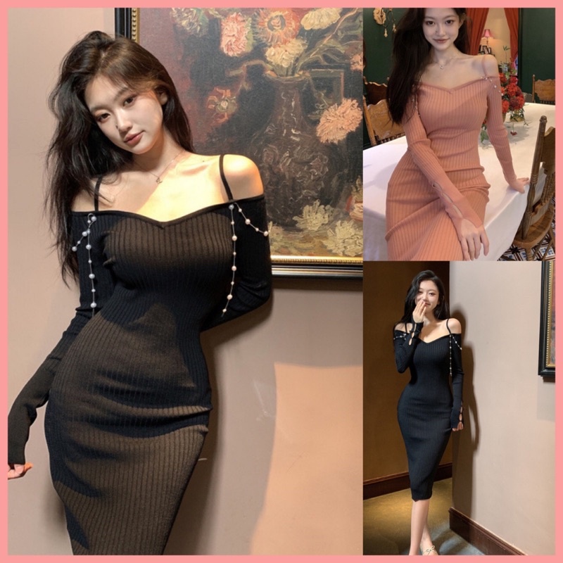 Váy len body trễ vai có hai dây. Đầm body len tăm cách điệu