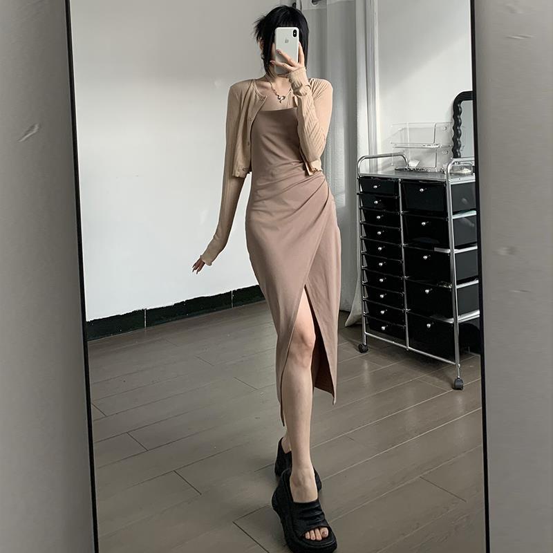 Áo Sơ Mi Tay Dài Cài Khuy + Đầm Hai Dây Xẻ Tà Quyến Rũ Thời Trang Cho Nữ