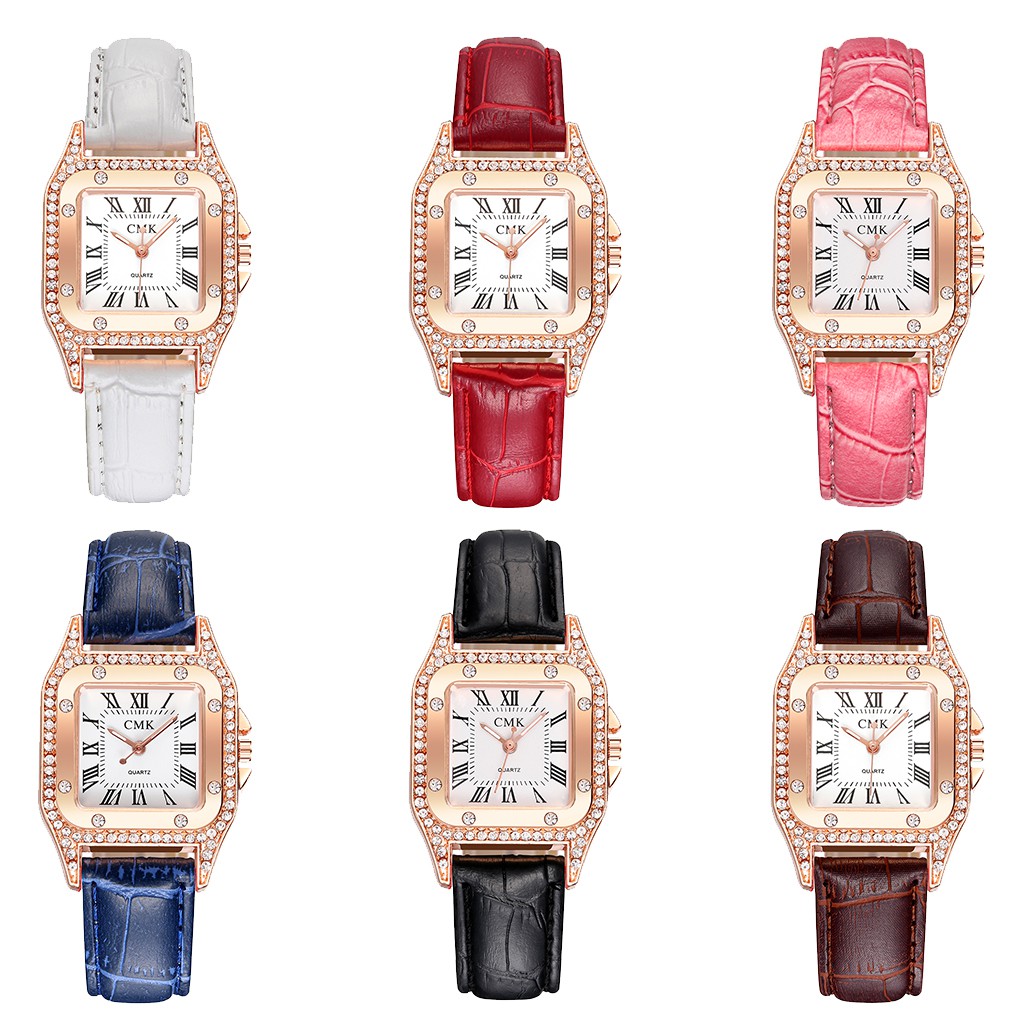 Đồng hồ cơ phối dây da mặt hình vuông đính đá nhiều màu sắc thời trang cho nữ