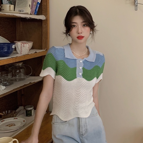 Áo Dệt Kim Ngắn Tay Dáng Ôm Phối Màu Thời Trang Mùa Hè Kiểu Mới